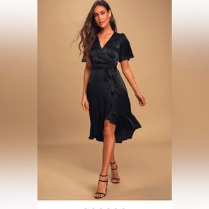 Wrapped Up In Love Black Satin Faux-Wrap Midi Dress